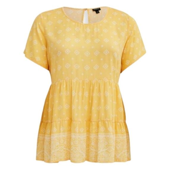 Torrid Yellow White Design Back Button Keyhole Tiered Top Contemporary Feminine - Picture 3 of 12